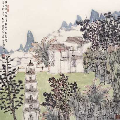 何加林 樵林僧扉图 镜心